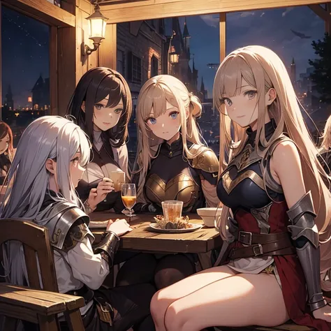 A group of  female medieval fantasy adventurers, (in tavern), various hair styles, harem, night, details face, seducing, sleeveless, armor, beautiful legs 