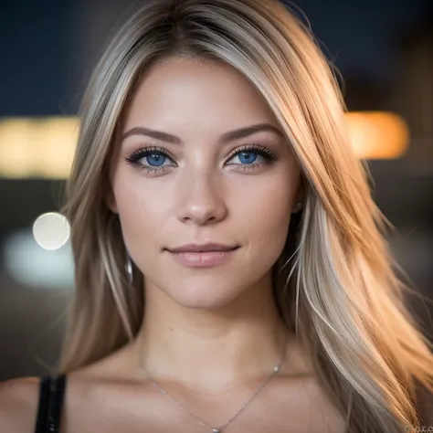 (Foto autofoto, desde arriba:1.4), (postrait medio cuerpo:1.4), RAW UHD portrait photo of a 24 year old blonde (Mujer de ojos azules) walking down a dark alley, pecho natural, Antecedentes nocturnos de la ciudad, (Vestido de sol azul), (escote), Detallado ...