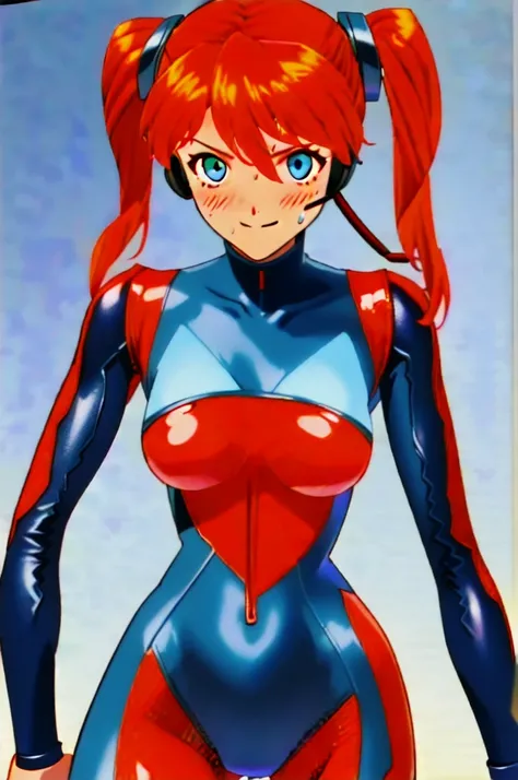 Twintail, red haired, 1girl, grey eyes, well toned, well built, muscled, toned muscles, blushing, sweating, smiling, ((interface headset, red bodysuit:1.4)), (glowing eyes:1.233),(beautiful and detailed eyes:1.1)