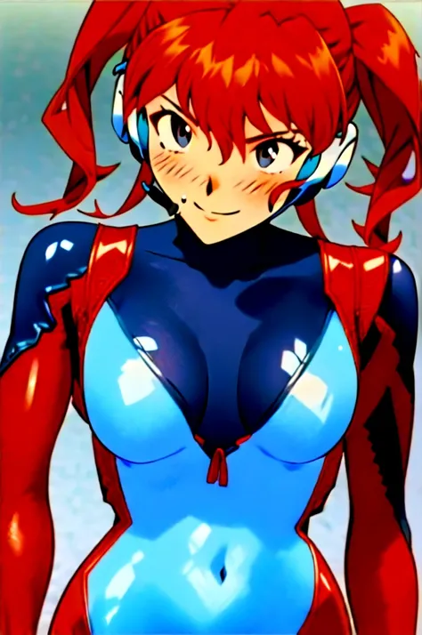 Twintail, red haired, 1girl, (grey eyes:1.5), well toned, well built, muscled, toned muscles, blushing, sweating, smiling, ((interface headset, red bodysuit:1.4)), (beautiful and detailed eyes:1.1)