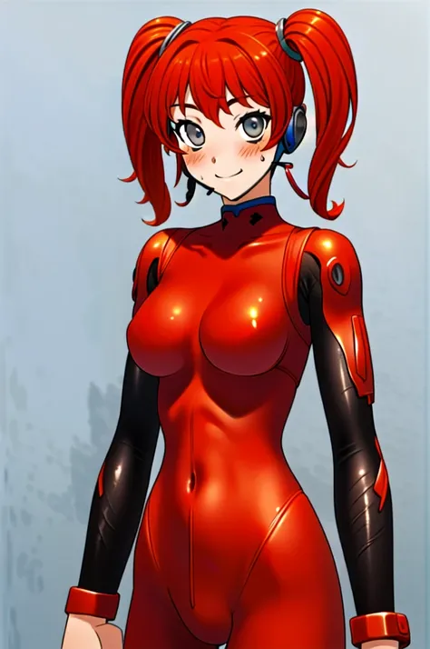 Twintail, red haired, 1girl, (grey eyes:1.5), well toned, well built, muscled, toned muscles, blushing, sweating, smiling, ((interface headset, red bodysuit:1.4)), (beautiful and detailed eyes:1.1)