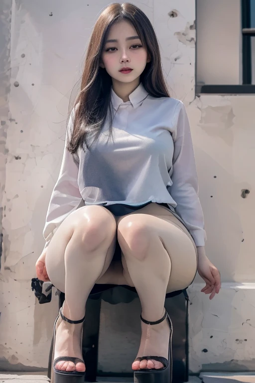 best quality , matured woman face , squatting , blouse , denim skirt, japanese , microskirt, front view from below, detailed panties, leg apart