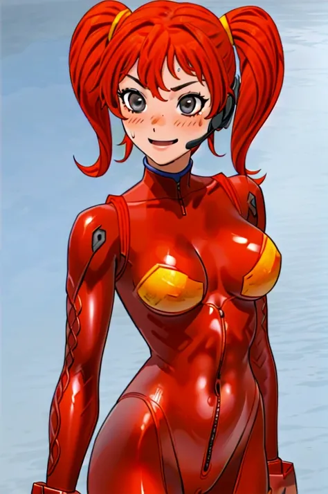 Twintail, red haired, 1girl, (grey eyes:1.5), well toned, well built, muscled, toned muscles, blushing, sweating, smiling, ((interface headset, red bodysuit:1.4)), (beautiful and detailed eyes:1.1), (unziped suit from neck to navel:1.3), (exposed breasts:1...