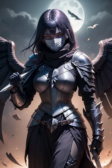 female medieval knight angel (((2 raven wings))), wearing armor and assassin mask (((face hidden behind mask))), holding a kunai, sharp eyes staring at the viewer, army at the background, moonlight, dinamic pose, focus on eyes