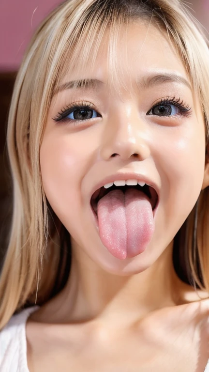 Japanese woman, beautiful girl, gal, blonde, baby face, highest quality realistic skin, eyes in focus, 20 years old, sticking out tongue, focus on mouth, open mouth, long tongue, saliva, open mouth wide, inside of mouth visible, open mouth and sticking out...