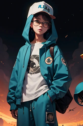 Um  E.T. , criatura extraterrestre, olhos grandes,  51 area, com trajes modernos de gang, cap and glasses, blusa larga, baggy pants, tentariva do disfarce, misturar.