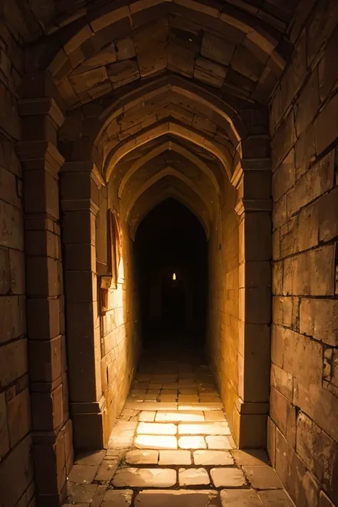 old secret passage in the castle dimly lit by magical wisps, cobwebs