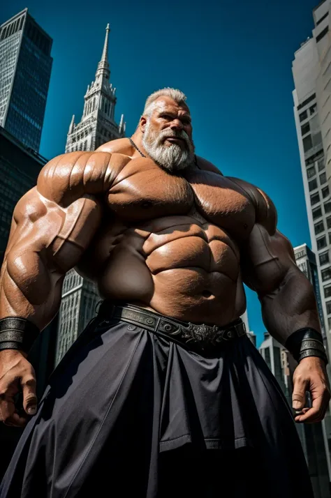 An imposing, big muscular old man stands tall amidst the towering buildings of the metropolis, commanding the scene with his formidable presence, portrait, photography