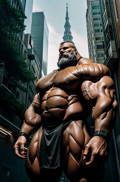 An imposing, big muscular old man stands tall amidst the towering buildings of the metropolis, commanding the scene with his formidable presence, portrait, photography