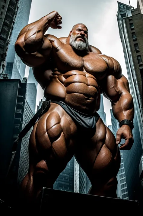 An imposing, big muscular old man stands tall amidst the towering buildings of the metropolis, commanding the scene with his formidable presence, portrait, photography