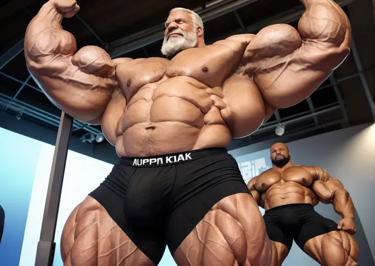 Wide medium shots, ground level camera shot, ,((hyper muscular)) old man showing strong muscle in podium, black underpants , hyper muscle, hyper pectoral, hyper bicep, hyper arms, bulge, white and short hair, super thick arms, super big pectoral, super wid...