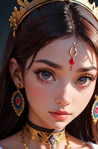 Create an image of a young woman, approximately 27 years old, presented as a superior entity or goddess from a tribal culture.  The focus should be on the face, in close-up, captured at a specific oblique angle.  She has light red, medium-length, slightly ...