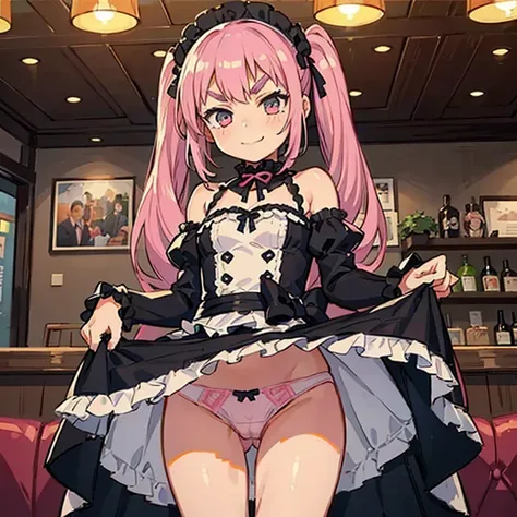 Girl with pink hair, long twin-tail hairstyle, ((small pink bushy eyebrows)), dressed in gothic lolita clothing, lolicon (Zankuro) drawing style by zankuro artist, Zancro style, image uploaded to R34, flirty smile, in restaurant, lifting her dress to show ...