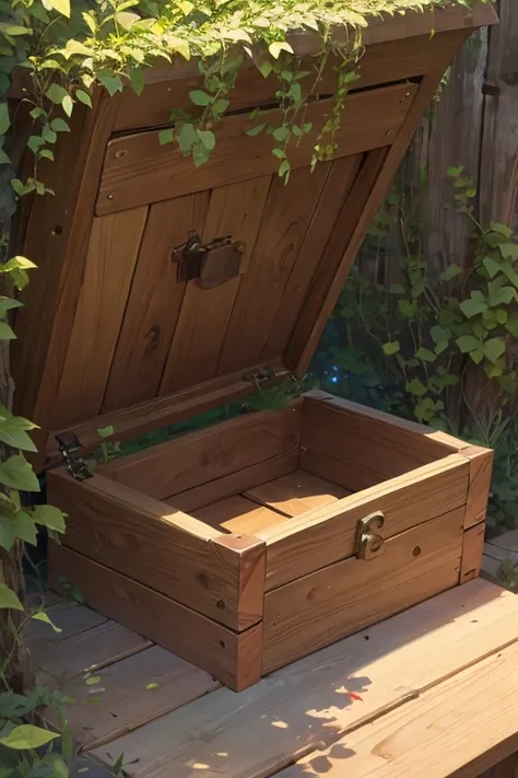 wooden box with a hatch between the bushes