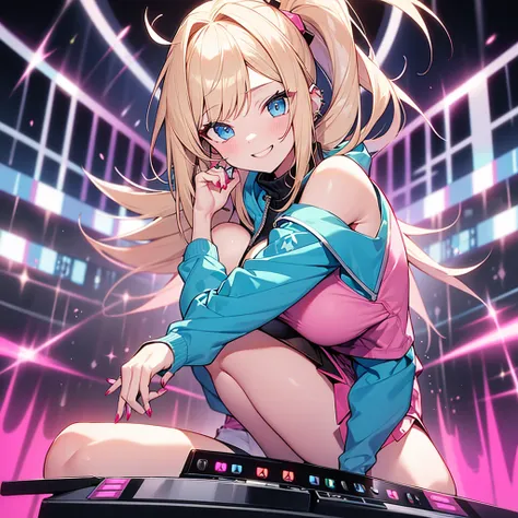 highest quality、blonde、ponytail、slanted eyes、blue eyes、pale skin、gal、pink hoodie、Her zipper is open, exposing her breasts、cleavage、Have many ear piercings、pink lip、heavy makeup、big breasts、short skirt、knee high boots、DJing live、DJ scratch、Beautiful stage、l...