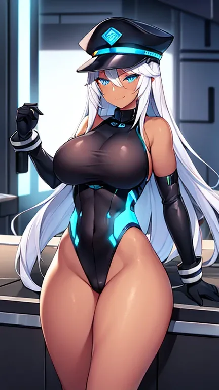 1girl, dark skin, dark-skinned female, police uniform, police, leotard, black leotard, white hair, long hair, blue eyes, police hat, large breasts, wide hips, thick thighs, futuristic, neon trim, science-fiction, machinery, tech, blue trim, neon, toned, to...