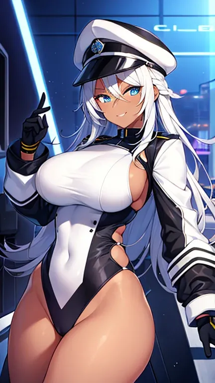 1girl, dark skin, dark-skinned female, police uniform, police, leotard, black leotard, white hair, long hair, blue eyes, police hat, large breasts, wide hips, thick thighs, futuristic, neon trim, science-fiction, machinery, tech, blue trim, neon, toned, to...