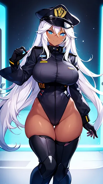 1girl, dark skin, dark-skinned female, police uniform, police, leotard, black leotard, white hair, long hair, blue eyes, police hat, large breasts, wide hips, thick thighs, futuristic, neon trim, science-fiction, machinery, tech, blue trim, neon, toned, to...