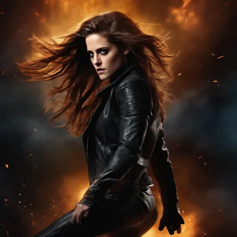 a beautiful Kristen Stewart in x-men, vibrant colors, highres, portrait, intense gaze, long flowing hair, fierce and confident expression, leather outfit, dynamic action pose, cinematic lighting, dark and moody atmosphere, surreal background, superhero the...