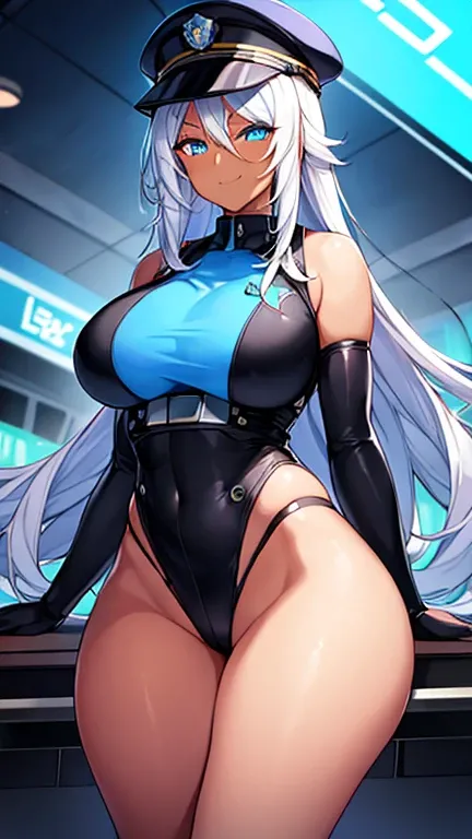 1girl, dark skin, dark-skinned female, police uniform, police, leotard, black leotard, white hair, long hair, blue eyes, police hat, large breasts, wide hips, thick thighs, futuristic, neon trim, science-fiction, machinery, tech, blue trim, neon, toned, to...