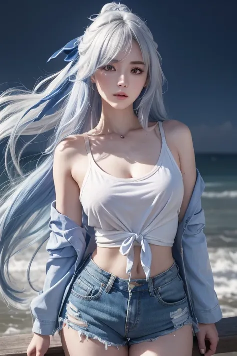 anime style、white skin、white hair、long hair、hair with blue highlights、look up、the largest and most prominent、colorful gas expres...