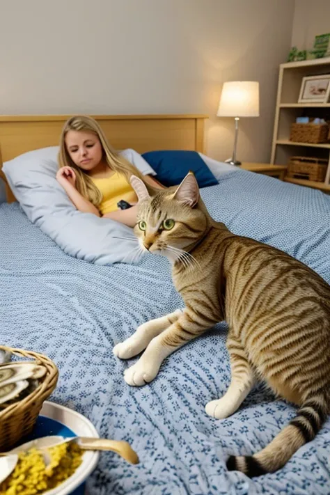 A blonde teenager sick from pollen, eating oysters in bed, tabby cat at her feet