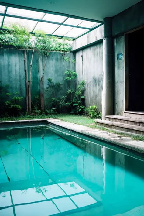 Ruined Pool、Round pool、dark、white wall、Ghibli style、Nobody is here、Creepy