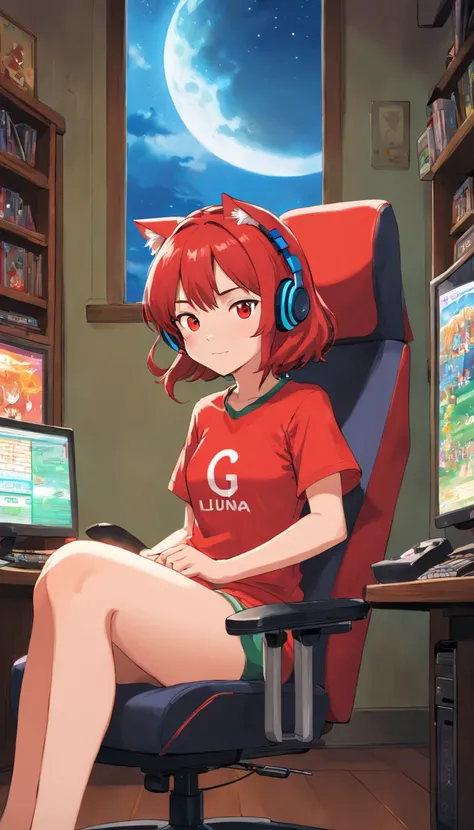 Girl, sitting in the gaming chair, wearing red jersey tshirts, with a name luna in the jersey, red hair and red eye, short hair, cat ears headphones, s