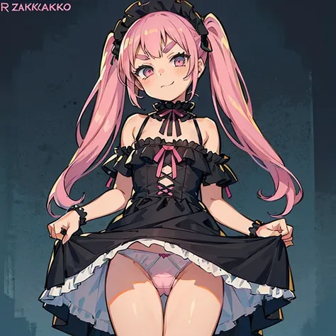 Girl with pink hair, long twin-tail hairstyle, ((small pink bushy eyebrows)), dressed in gothic lolita clothing, lolicon (Zankuro) drawing style by zankuro artist, Zancro style, image uploaded to R34, flirty smile, lifting her dress to show her wide and na...