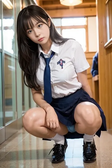 japanese 18 yo woman,cosplay japanese high school girl uniform,squatting,knees and thigs together,upskirt from under skirt,hallway of high school,shot from low angle,(focus on her crotch:1.1),she show off knees,sticking out knees foward,white pantie is vis...