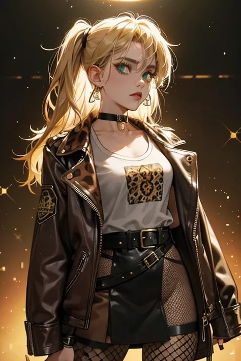 Trash wears a brown leather jacket over a leopard-print shirt with a brown skirt. She also wears ripped fishnet tights, a black choker and green belt. Trash has scraggly blonde hair and wears black lipstick. SPARKLE; GLITTER