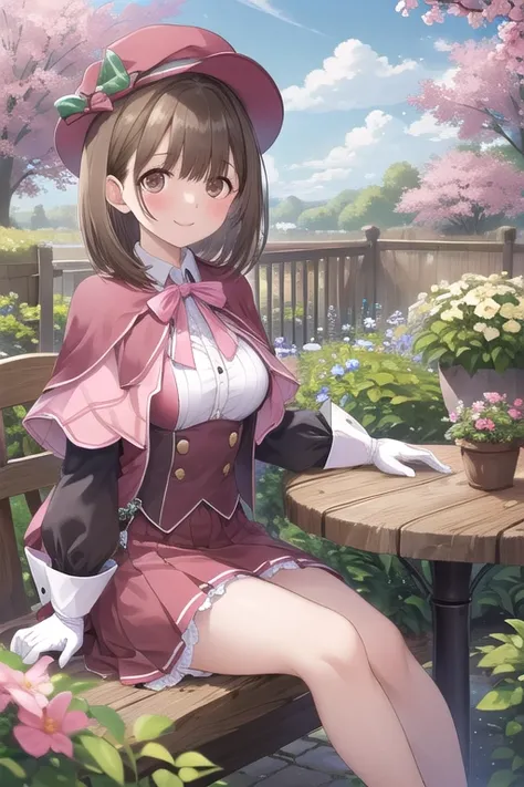 "masterpiece, high quality, masterpiece, 最high quality, High resolution, 

1 girl, brown hair, short hair, , pink hat,((Shiny brown hair, short hair, brown eyes、)), capelet, pink dress, striped ribbon, long sleeve, white gloves, outdoor, garden, sitting, t...