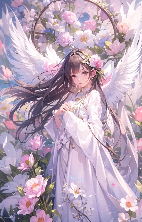 ((highest quality)), ((masterpiece)), (get used to it), perfect face , beautiful girl , Angel , Beautiful white , There are a lot of feathers in the background , flower ,