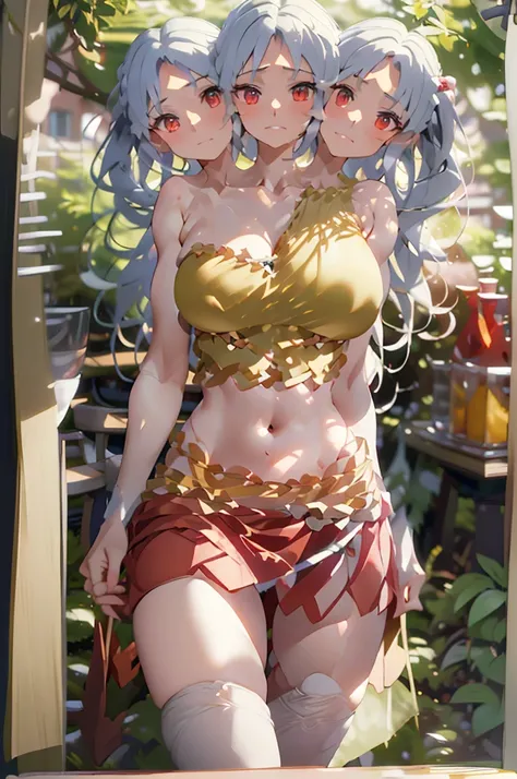 (masterpiece, best quality), best quality, (ultra-detailed), (3heads:1.5), 1girl, (nemuno sakata:1.3), masterpiece, best quality, ultra detail, ultra resolution, ultra detail, yellow/gold and orange top, crop top, ((stomach)), midriff, ((groin)), red skirt...