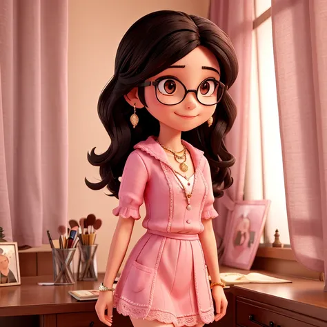 A beautiful woman in makeup pink lipstick earring necklace short wavy black hair small round glasses transparent brown eyes white crochet blouse and pink skirt heeled sandals smiling the scene with beautiful curtain. 