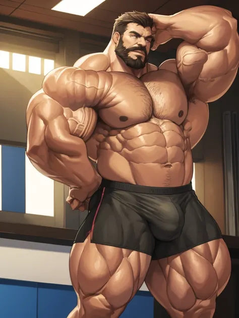 Wide medium shots, ground level camera shot, (best quality, 4k,8k, highres, masterpiece:1.2), ultra-d etailed, (realistic,photorealistic,photo-realistic:1.37).,((hyper muscular)) old man showing strong muscle in podium, black underpants , hyper muscle, hyp...