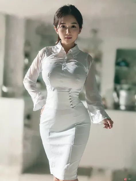 (8K,RAW photo,highest quality,masterpiece:1.8),(looking at the viewer:1.7)erotic,(standing in the kitchen:1.7),(huge breasts:1.6),(Very small waist:1.7),(very thin legs:1.7),(Tight white buttoned blouse:1.7),(A white blouse that accentuates the shape of he...