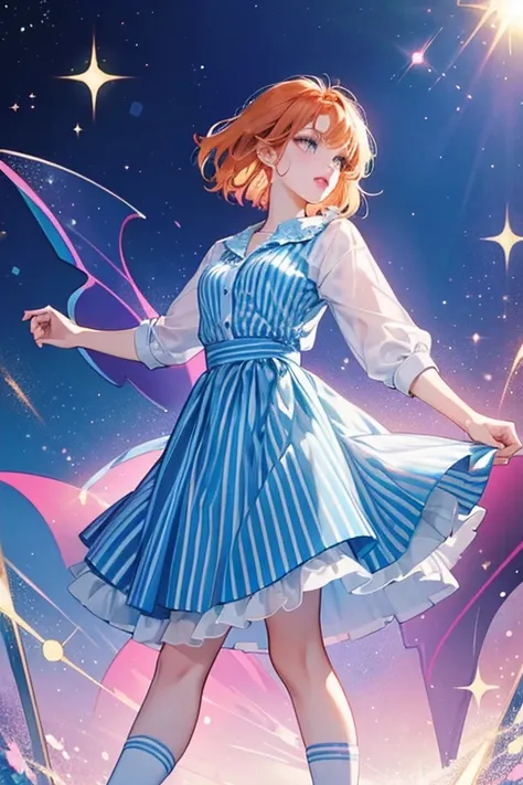 She is shown to have short, ginger hair and is seen wearing a blue, striped shirt and pink lipstick. In the Bears fantasies, she can be seen wearing blue attire, a long skirt with matching flats and long, white socks. SPARKLE; GLITTER