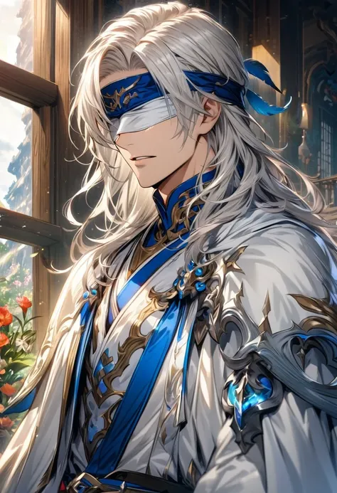 Ultra detailed, Highres, absurdres, HDR, Michizane, white long hair, blindfolded eyes, white prince cool clothes, white cape, feathers, Grand Blue Fantasy, window, handsome, 1 man only, the blessed one, very detailed face, flowers,