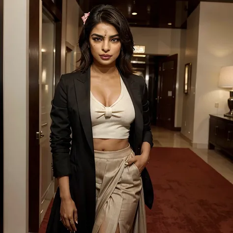 Priyanka Chopra dressed in a blazer and bow and a long skirt with her face painted