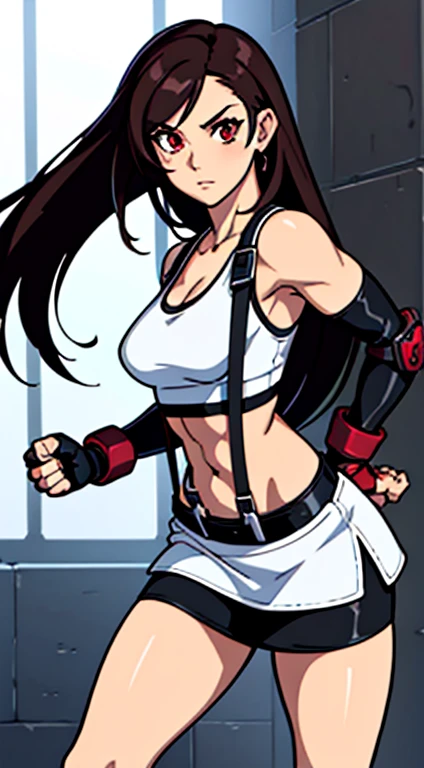 masterpiece, best quality, tifa lockhart, final fantasy vii, 1girl, anime style, cell shading, long black hair, reddish-brown irises, medium breasts, small waist, perfect figure, athletic physique, highly detailed, expressive eyes, perfect face, white crop...