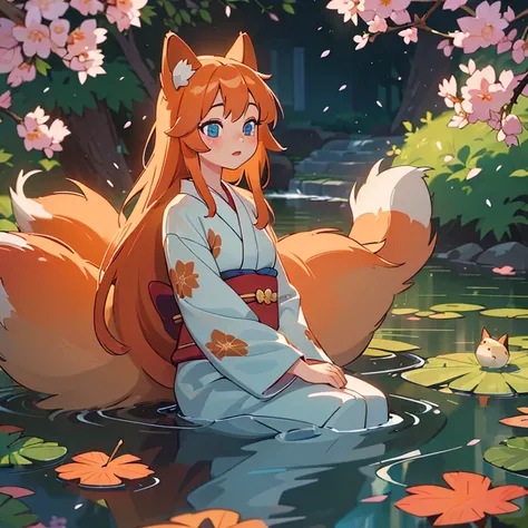 (best quality,4k,8k,highres,masterpiece:1.2),ultra-detailed,(realistic,photorealistic,photo-realistic:1.37),beautiful detailed eyes,beautiful detailed lips,extremely detailed eyes and face,long eyelashes,1girl, Kitsune, fox ears, fox tail, long orange hair...