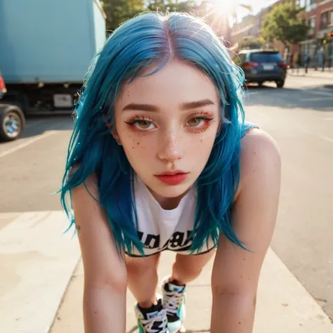 Blue Hair Best Anamorphic Lens Photography 50mm Lens Freckled Woman Close-up。In the background, the morning sun shines on her hair.、background is blurry。Hip-hop fashion。fashionable。NIKE sneakers