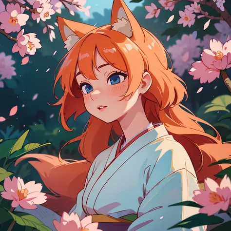 (best quality,4k,8k,highres,masterpiece:1.2),ultra-detailed,(realistic,photorealistic,photo-realistic:1.37),beautiful detailed eyes,beautiful detailed lips,extremely detailed eyes and face,long eyelashes,1girl, Kitsune, fox ears, fox tail, long orange hair...