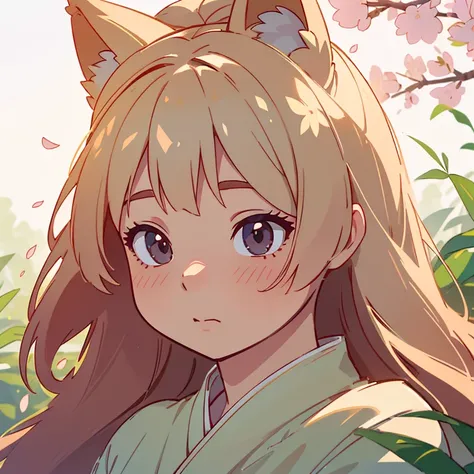 (best quality,4k,8k,highres,masterpiece:1.2),ultra-detailed,(realistic,photorealistic,photo-realistic:1.37),portraits,pastel colors,soft lighting,fantasy atmosphere,girl with fox ears and tail,peaceful garden setting,golden sunset,flowing cherry blossom tr...