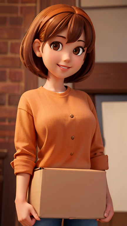 (highres, masterpiece: 1.2), realistic, portrait, woman, detailed brown eyes, detailed lips, detailed human face, orange shirt, short brown hair, friendly expression, smiling, standing, holding a cardboard box, confident, white background, warm lighting.