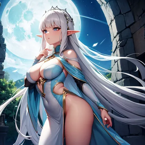 Generate images of an elf with alabaster skin and moon-white hair, con ojos profundos y penetrantes. Its pointed ears show its elven origin., y su belleza es celestial y voluptuosa, con curvas suaves y pechos generosos. The clothing that surrounds her must...