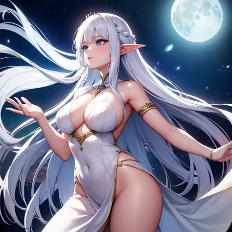 Generate images of an elf with alabaster skin and moon-white hair, con ojos profundos y penetrantes. Its pointed ears show its elven origin., y su belleza es celestial y voluptuosa, con curvas suaves y pechos generosos. The clothing that surrounds her must...