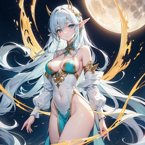 Generate visual representations of an elf that has pale, translucent skin, reminiscente de la porcelana, con cabello blanco como la luna, largo y ondulado. Sus ojos, de un color amarillo brillante como el oro, They shine with the magic of their elven linea...