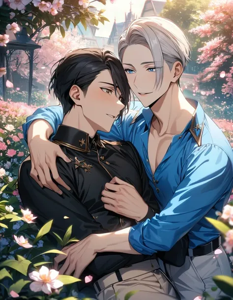 absurdres, highres, ultra detailed, HDR, master piece, best quality, Victor Nikiforov, platinum hair, expressive blue eyes, Yuri on ice, Katsuki Yuuri, black hair, expressive brown eyes, 2men together, gay couple, handsome, petals, garden, blossoms